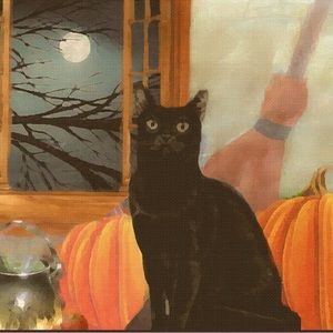 Hand panted small wrapped canvas of black cat and pumpkins Halloween oil panting